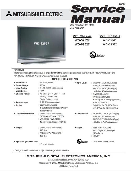 Product picture Mitsubishi WD-52527 , WD-62527 , Service Manual & Schematics