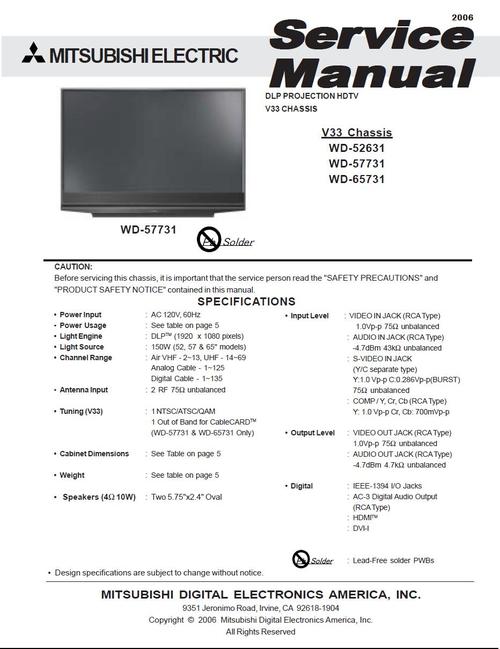 Product picture Mitsubishi WD-52631  , V33 , Service Manual & Schematics