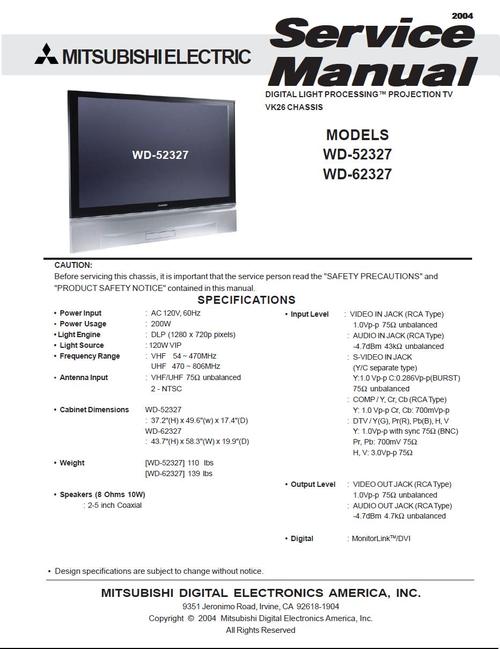 Product picture Mitsubishi WD-52327 , WD-62327 , VK26 chassis Service Manual