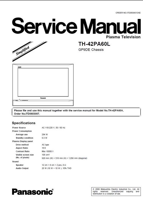 Product picture Panasonic TH-42-PA60L Plasma TV, Service Manual & Schematics