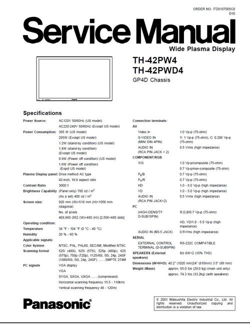 Product picture Panasonic TH-42-PW4 & TH-42-PWD4 Service Manual & Schematics