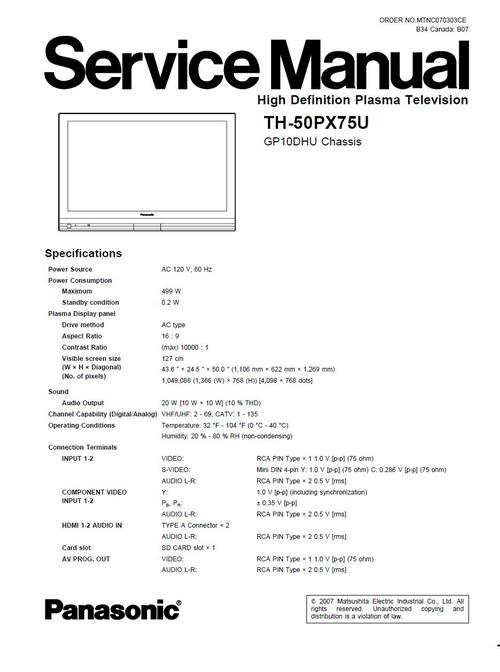 Product picture Panasonic TH-50-PX75U , Service Manual & Schematics