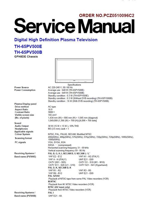 Product picture Panasonic TH-65PV500 ,  Service Manual & Schematics