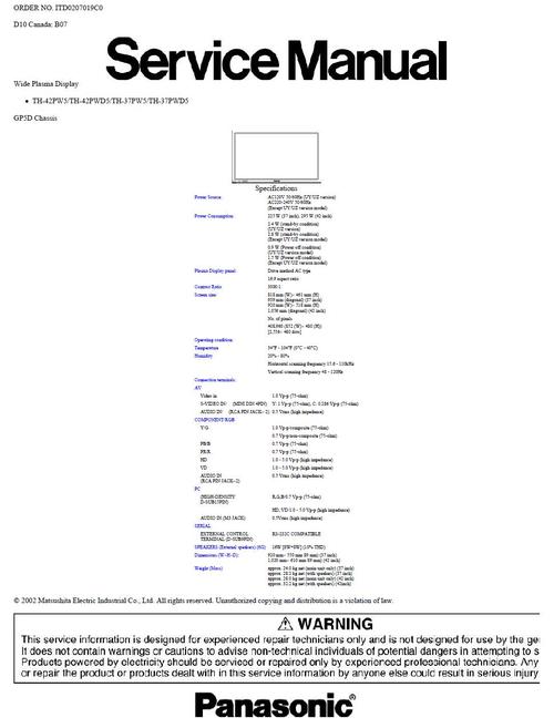 Product picture Panasonic TH-42PW5 , 37PW5 , 42PWD5 , 37PWD5  Service Manual