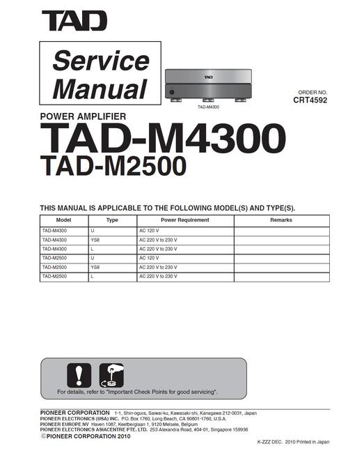 Product picture Tad - Pioneer M-4300 & M-2500 power amplifier Service Manual