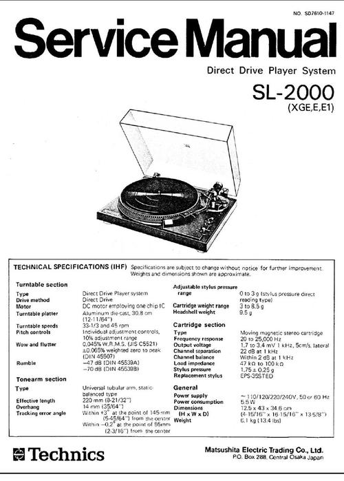 Product picture Technics SL-2000 Turntable , Service Manual