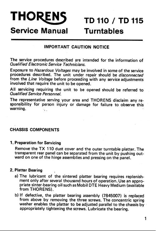 Product picture Thorens TD-110 , TD-115  Turntable , Service Manual