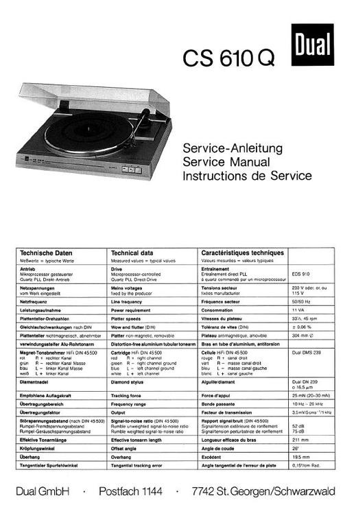 Product picture Dual CS-610-Q Turntable Service Manual