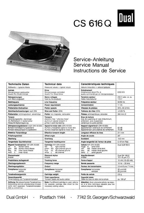 Product picture Dual CS-616-Q Turntable Service Manual
