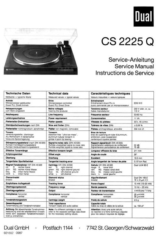 Product picture Dual CS-2225-Q Turntable Service Manual