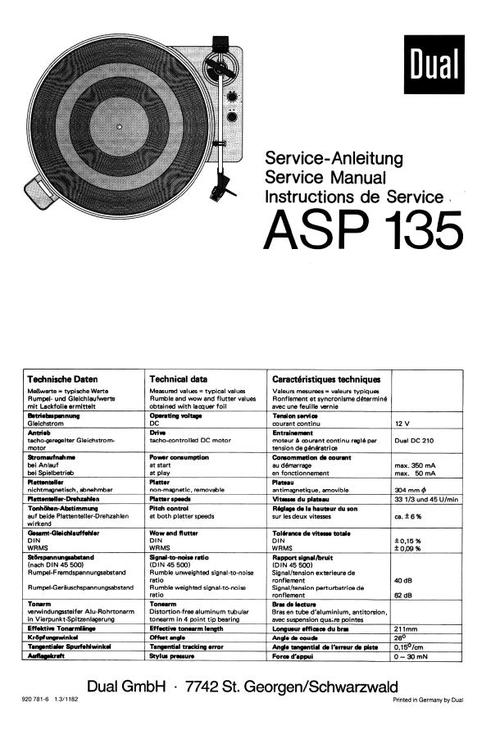 Product picture Dual ASP-135 Turntable Service Manual