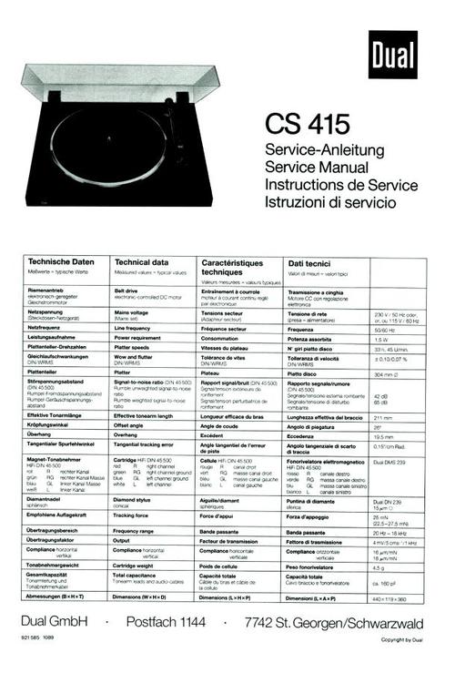 Product picture Dual CS-415 Turntable Service Manual