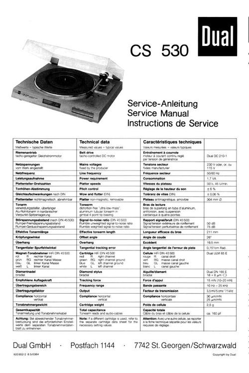Product picture Dual CS-530 Turntable Service Manual