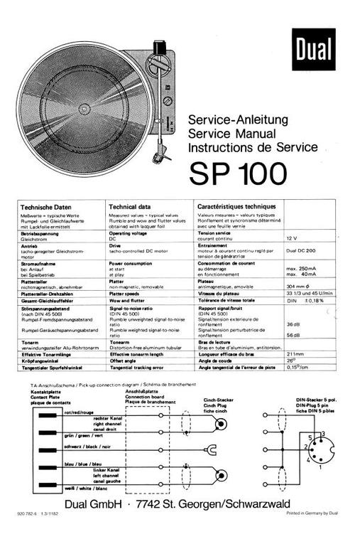 Product picture Dual SP-100 Turntable Service Manual