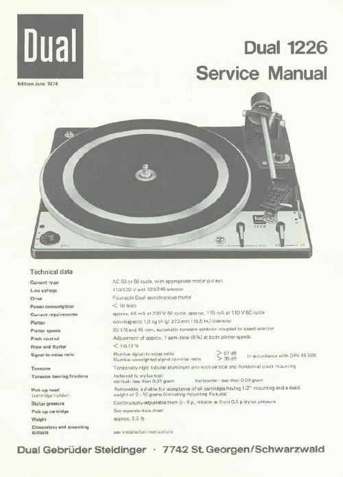 Product picture Dual 1226 Turntable Service Manual