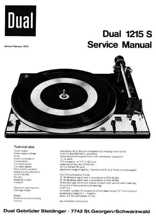 Product picture Dual 1215-S Turntable Service Manual