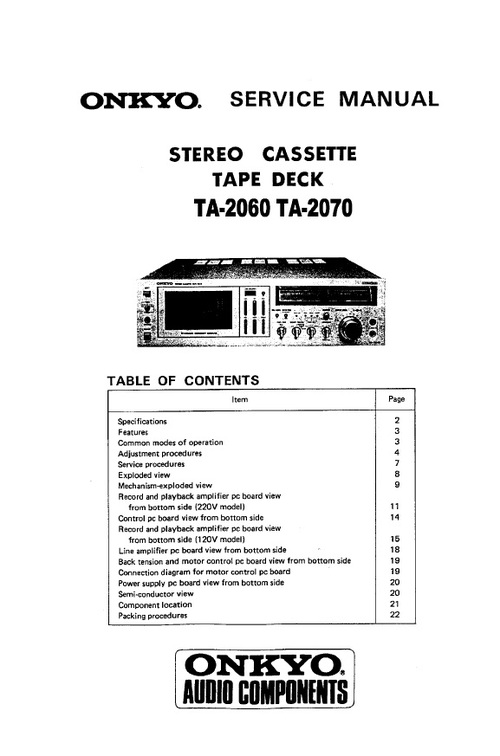 Product picture Onkyo TA-2060 & TA-2070 Tape Deck Service Manual