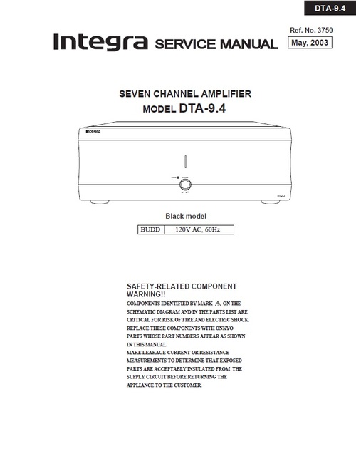 Product picture Onkyo Integra DTA-9.4 Power Amplifier Service Manual