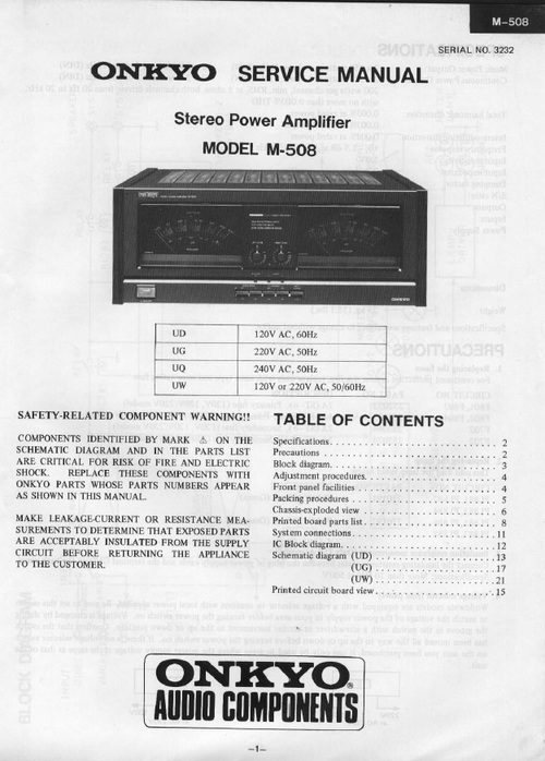 Product picture Onkyo M-508 Power Amplifier Service Manual