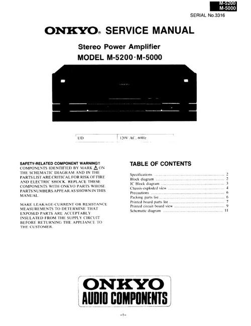 Product picture Onkyo M-5000 & M-5200 Power Amplifier Service Manual