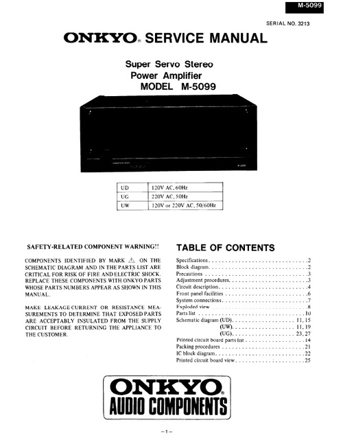 Product picture Onkyo M-5099 Power Amplifier Service Manual