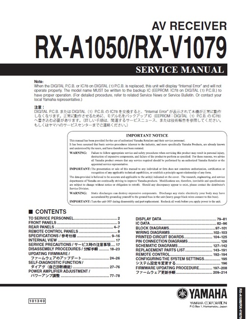 Product picture Yamaha RX-A1050 , RX-V1079 Service Manual