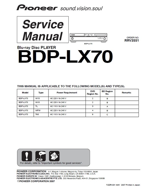 Product picture Pioneer BDP-LX-70 Blu Ray player Service Manual