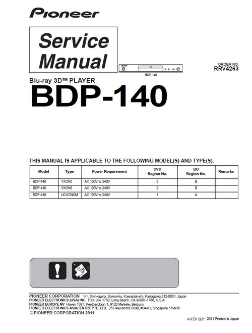 Product picture Pioneer BDP-140 Blu Ray player Service Manual