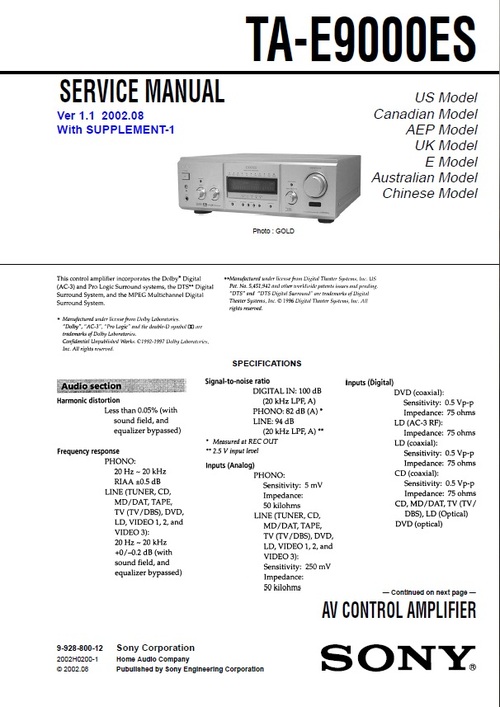 Product picture Sony TA-E9000ES Service Manual and Supplement