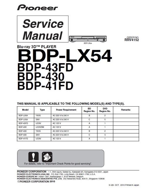 Product picture Pioneer BDP-LX54 Blu Ray Player Service Manual RRV4152