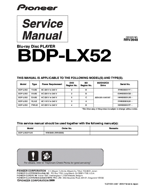 Product picture Pioneer BDP-LX52 Blu Ray player FULL Service Manual