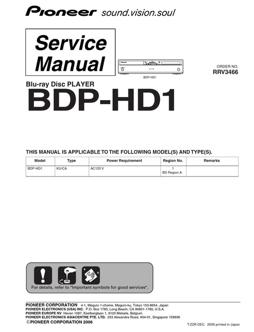 Product picture Pioneer BDP-HD1 FULL Service Manual