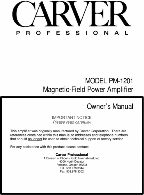 Product picture Carver PM-1201 original Schematic & Owner Manual for service