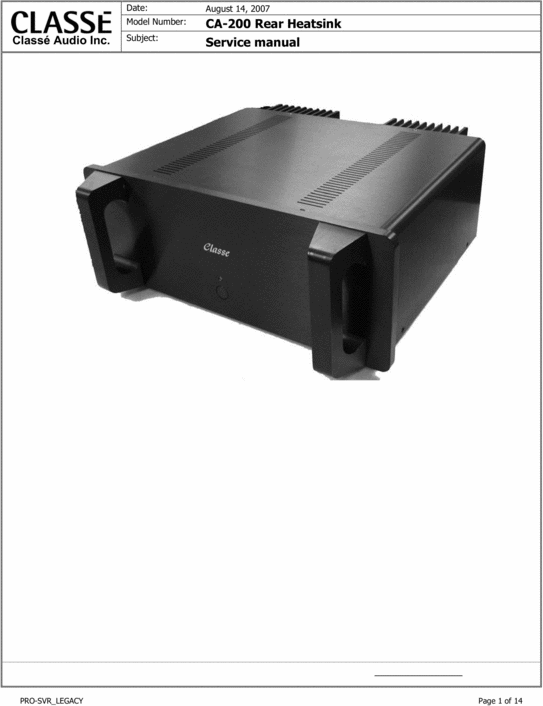 Product picture Classe CA-200 Power Amplifier Original Service Manual