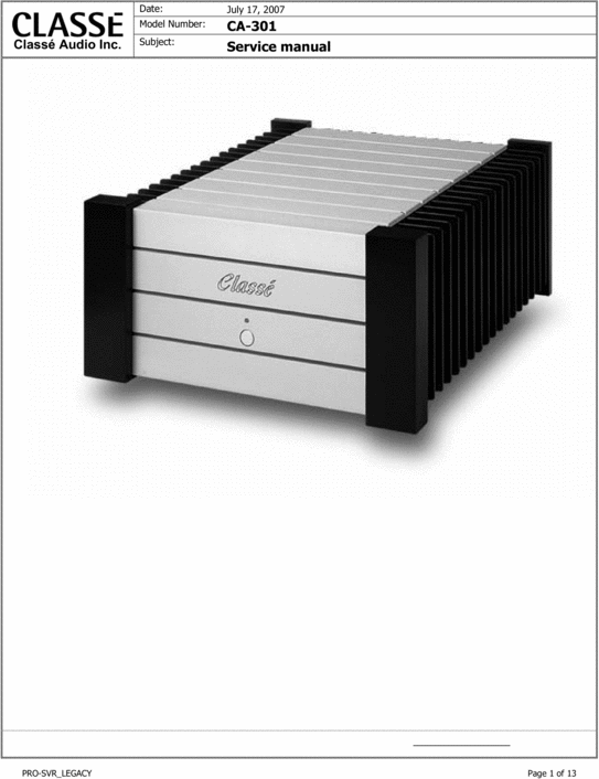 Product picture Classe CA-301 Power Amplifier , Original Service Manual
