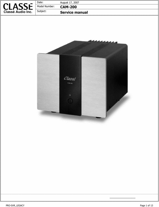 Product picture Classe CAM-200 Power Amplifier , Original Service Manual
