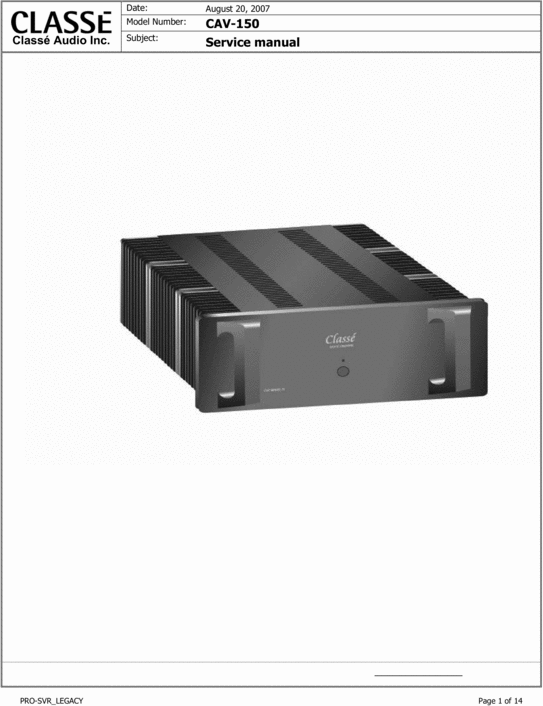 Product picture Classe CAV-150 Power Amplifier , Original Service Manual
