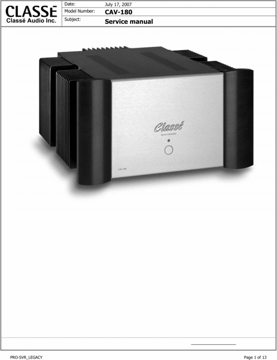 Product picture Classe CAV-180 Power Amplifier , Original Service Manual