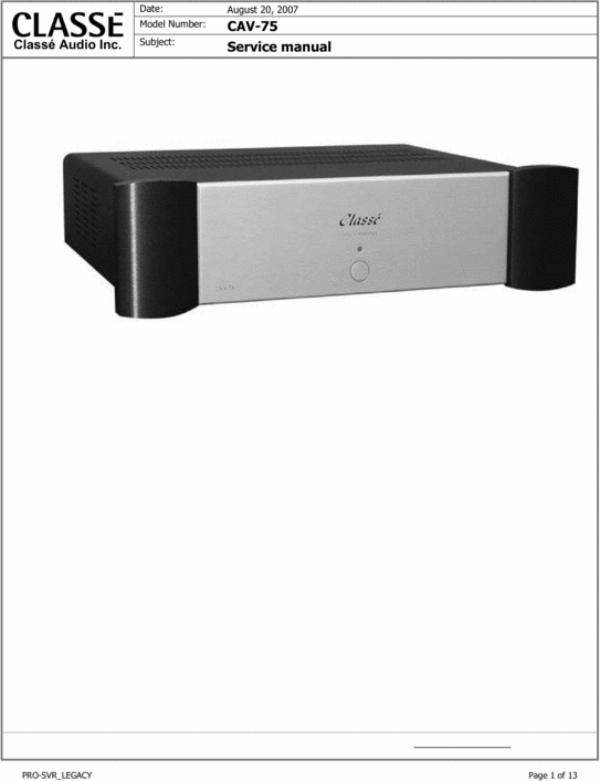 Product picture Classe CAV-75 Power Amplifier , Original Service Manual