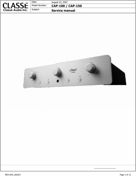 Product picture Classe CAP-150  Integrated Amplifier , Service Manual