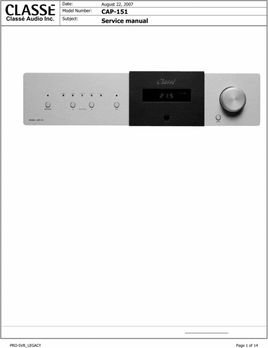 Product picture Classe CAP-151  Integrated Amplifier , Service Manual