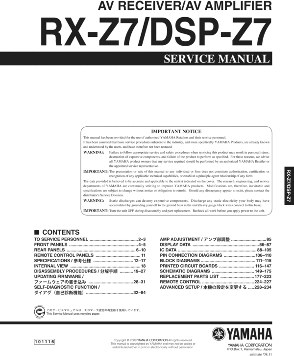 Product picture Yamaha DSP-Z7 , RX-Z7 Service-Workshop Manual for repair