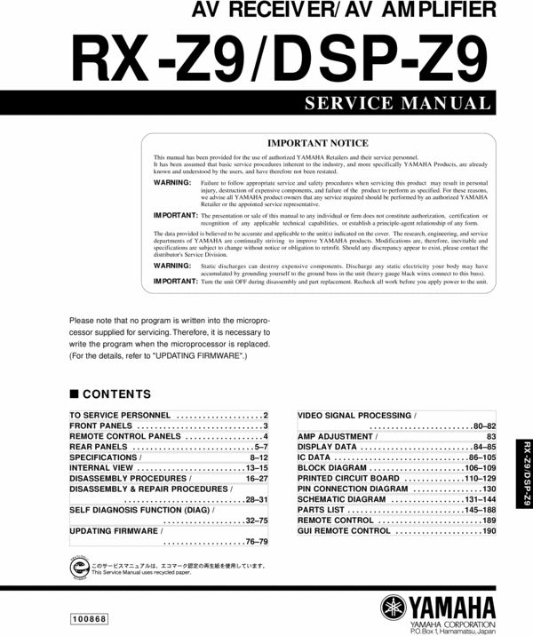 Product picture Yamaha DSP-Z9 , RX-Z9 Service-Workshop Manual for repair