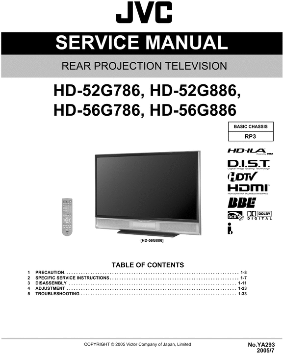 Product picture JVC HD-52-G786 & 52-G886 Service & User Manual , Schematics