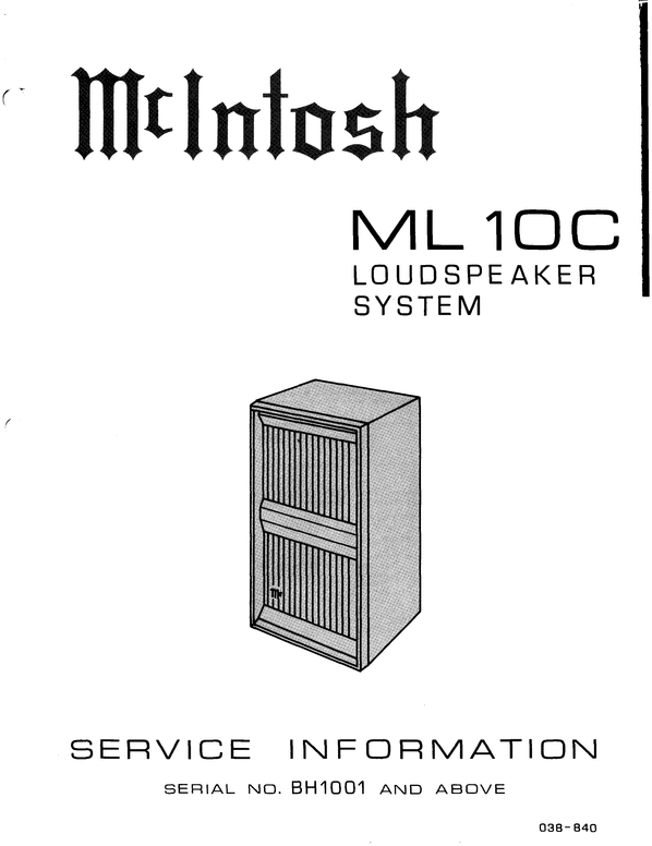 Product picture McIntosh ML-10C loudspeaker , Original Service Manual