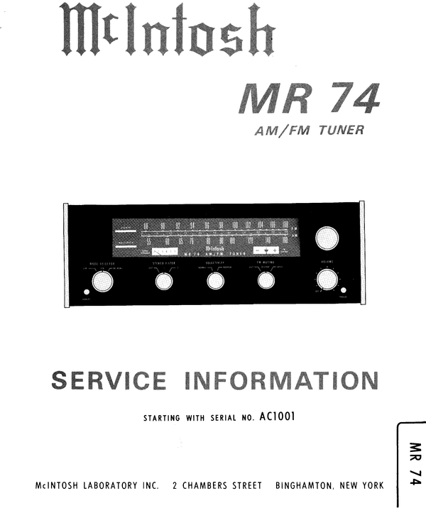 Product picture McIntosh MR-74 tuner , Original Service Manual