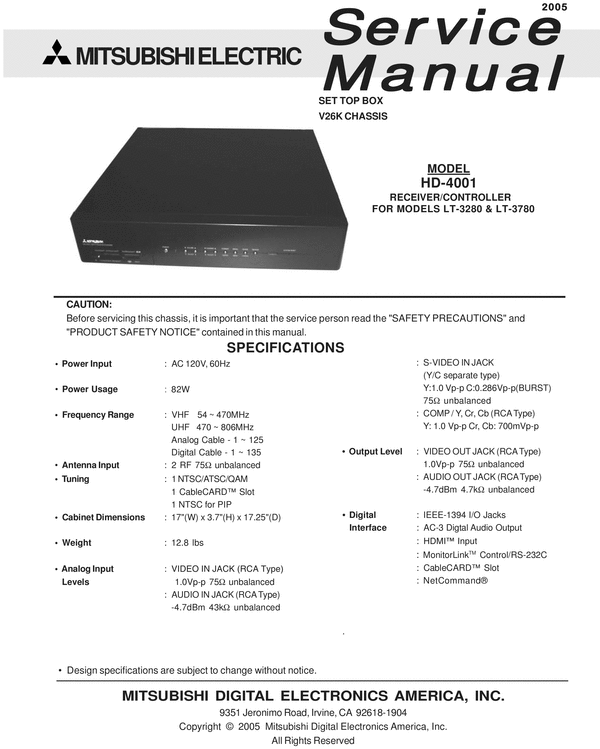 Product picture Mitsubishi HD-4001 Media Receiver Service Manual  Schematics