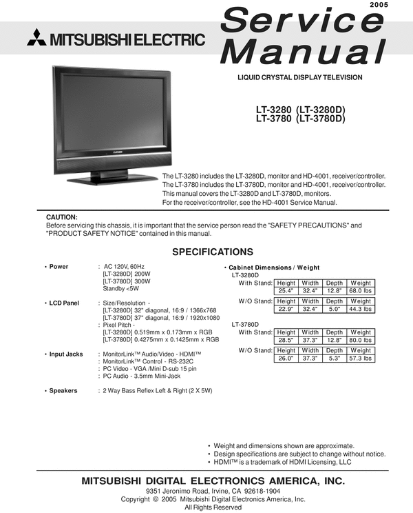 Product picture Mitsubishi LT-3280 & 3780  , Service Manual & Schematics