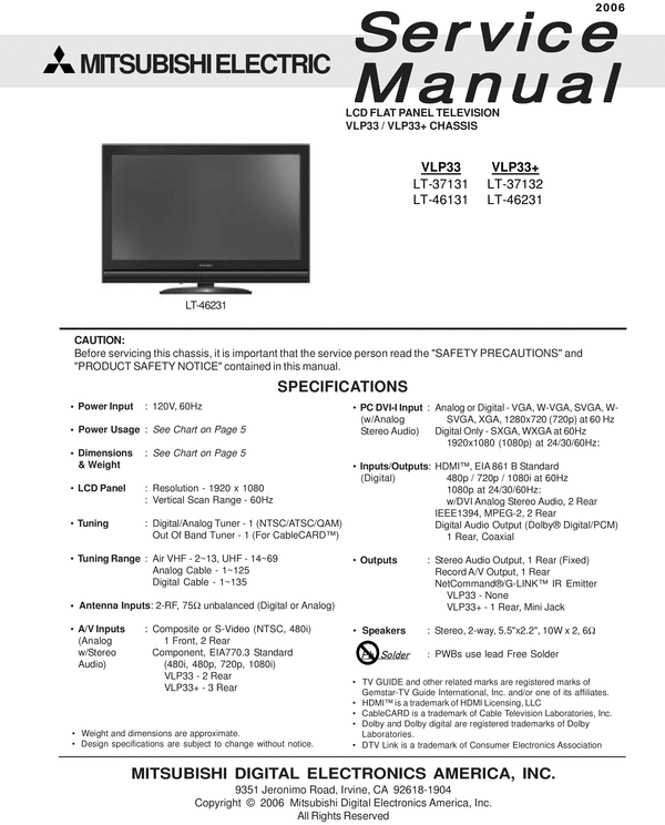 Product picture Mitsubishi LT-37132 & 46231 , VLP33+ series , Service Manual
