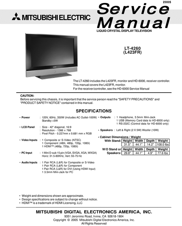 Product picture Mitsubishi LT-4260 , L423FR  , Service Manual & Schematics